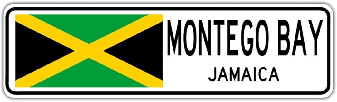 Yelacecca Montego Bay, Jamaica Street Sign Jamaican Flag City Country Road Wall Gift Street Sign 4x16 inches