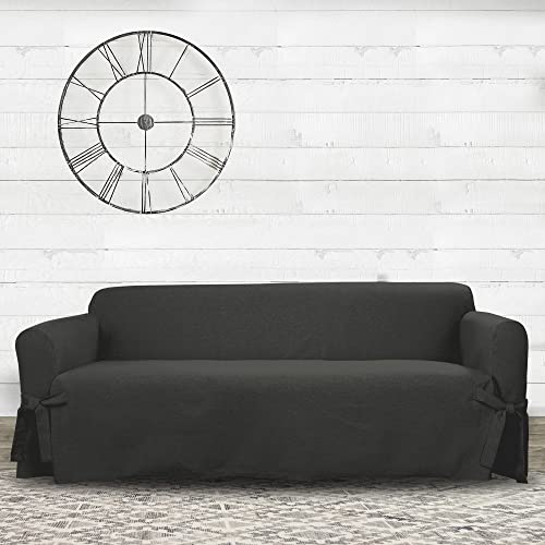 SureFit Farmhouse Basketweave Faux Linen Sofa Slipcovers, Couch Cover One Piece Design and Straight Skirt, Removable and Machine Washable Sofa Cover, Charcoal - Image 3