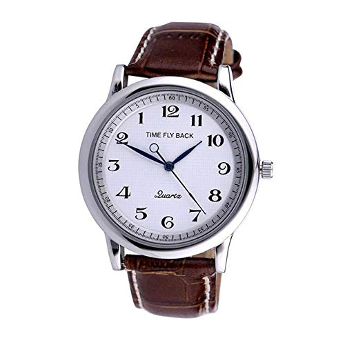Montre Mode Montre Inversée Homme Quartz Montre Au Poignet en Arrière Montre Garçon Montre Anti Horaire Bracelet en Cuir Imperméable Montre Anti Horaire @ Blanc Brun