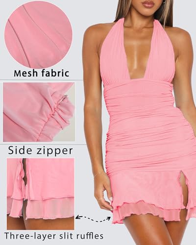 Image of Women's Summer Halter Dresses Sexy V Neck Backless Side Slit Ruched Waist Ruffle Cocktail Party Mesh Bodycon Mini Dress