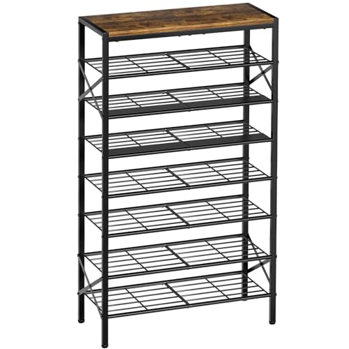 UNITSTAGE 8-Tier Tall Shoe Rack Organizer Shoe Storage for Entryway 24-32 Pairs Metal Shoe Rack for Closet Heavy-Duty Shoe Rack with Wooden Top Shelf for Garage Rustic Brown