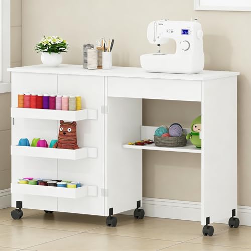Nähtisch Klappbar & 2-in-1 Nähmaschinentisch Mobiler Nähmaschinenschrank mit Rollen 4 Ablagefächern & Schublade Multifunktionaler Basteltisch & Schreibtisch für Wohnzimmer & Arbeitszimmer