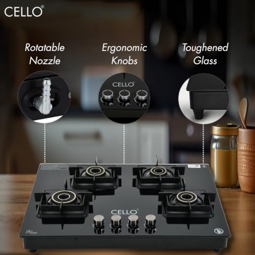 Image of Cello Classic Plus 4 Burner Gas Stove | Glass Hob Top Cooktop with Brass Burners | 8mm Toughened Glass | ISI Certified | Manual Ignition | Flame Guard Pan Supports | Premium Black