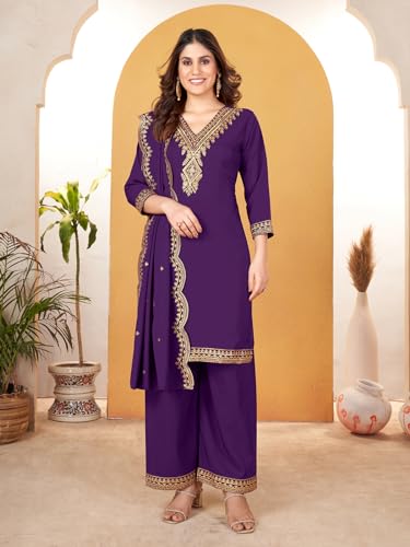 Image of Pratham Blue Kurta Set for Women Silk Embroidered Straight Kurta Set for Women with Palazzos and Dupatta