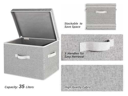 Image of StorageWorks Fabric Storage Bins with Lid, Decorative Storage Boxes for Shelves, Stackable Closet Organizer Basket with Handles, Jumbo, Gray, 2-Pack
