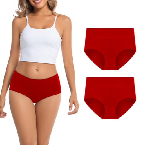 AMZCHPC Women's Cotton Underwear Mid Waisted Brief Style Underpant (2 Pack) (Large,Red)