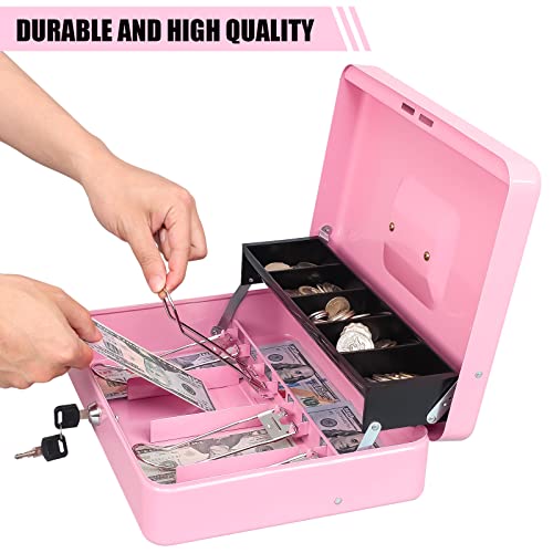 Kyodoled Cash Box With Money Tray, Money Key Lock Safe With Security Cable And Waterproof Bag, 11.81L9.45W3.54H Inch, Pink X Large #TOP5
