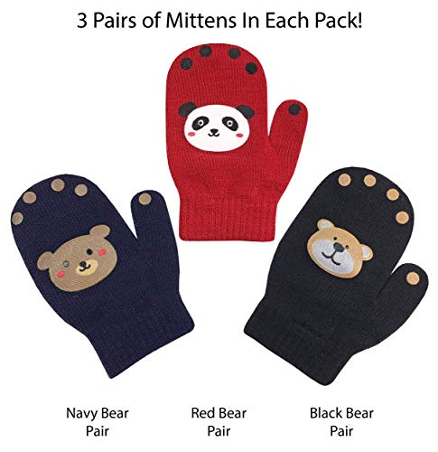 N'ice Caps Toddler Baby Boys Girls Magic Stretch Mittens - 3 Pairs Assortment (Bears - Black/Navy/Red Mittens, 1-2T) #TOP1