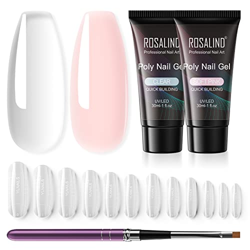 ROSALIND Kit Gel de Extensión de Uñas, Uñas de Gel para Uñas Rosa Transparente 2 Colores 30ml Poly Nail Extension Esmaltes Semipermanentes de Uñas Gel con Cepillo y Moldes de Uñas