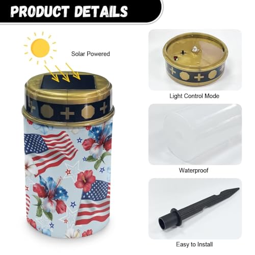 Image of Poceacles American Flag Hibiscus Flower Outdoor Solar Lights Garden Cemetery Flameless Candle America 250th Anniversary Printed Solar Garden Stake Lights for 4th of July Decorations, Pack of 4