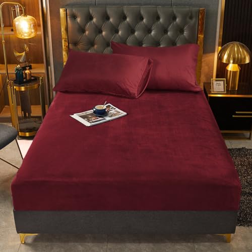Fleece Spannbettlaken 200x200cm Rot Weinrot Plüsch Warm Bettlaken Spannbetttuch Boxspringbett Frottee Samt Spannleintuch 200 x 200 Uni Bettspanntuch für Hohe Matratze Hoher Steg bis 25-30 cm