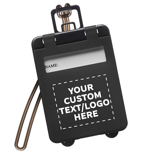 10/50/100 Mini Carry-on Luggage Tags Pack - Customizable Text Logo - Flip Open Cover ID Sticker - Black