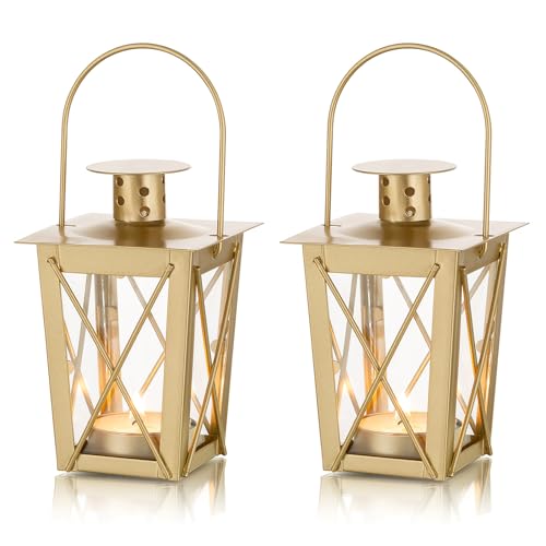 NUPTIO Tea Lights Candle Holder: 2 Pcs Gold Mini Lantern Decorative Hanging Tealight Small Metal Lanterns Weddings Centerpiece for Indoor & Outdoor Christmas Thanksgiving Holiday Table Decoration