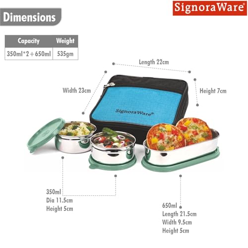 Image of SignoraWare Health Bite Stainless Steel Lunch Box | Airtight & Leakproof | Compact & Easy to Carry | Ideal for Meal Prep, Travel & Everyday Use (350ml x 2 + 650ml | Setof3 | Egreen)