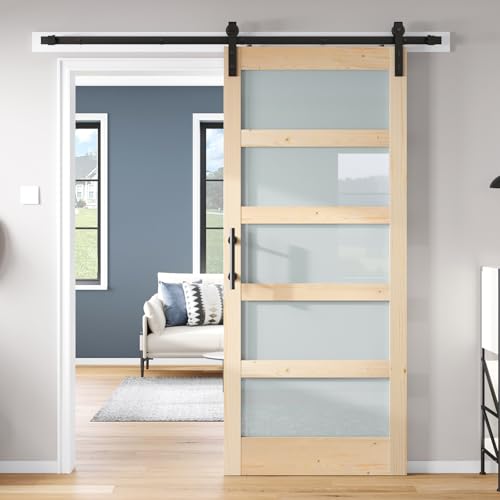 ROYMELO 34x84 inch Glass Sliding Barn Door Slab with 6ft Hardware Kit Included, 5-Panel Frosted...