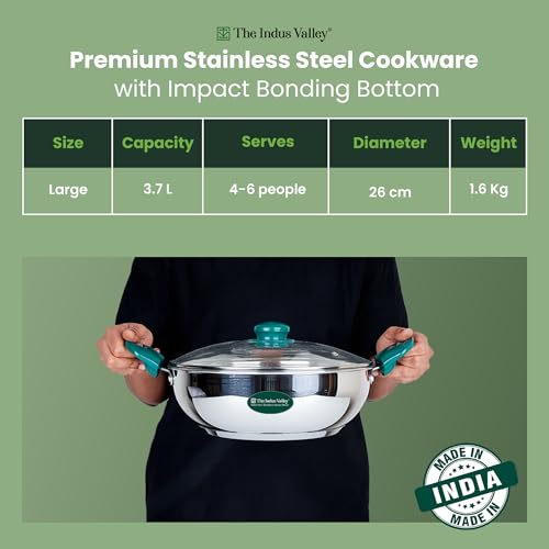 Image of The Indus Valley Stainless Steel Impact Bonded Kadai 3.7 litres | Even Heating Cookware | 100% Toxin-Free | Heat-Resistant Handle | Induction-Friendly | Suitable for Gas & Induction Cooking