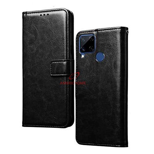 Image of Inside Rubber TPU with Card Pockets Magnetic Closure Protection Compatible with Realme C15,RMX2180 (Black)