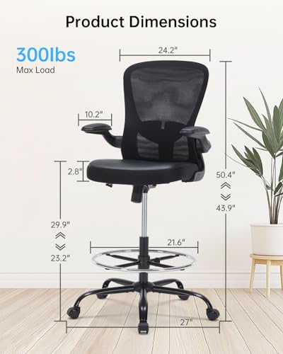 Image of Drafting Chair Tall Office Chair with Flip-up Arms Adjustable Height Standing Desk Chair with Lumbar Support and Footrest Ring Ergonomic Executive Computer Chair Swivel Drafting Stool for Work /Drawing
