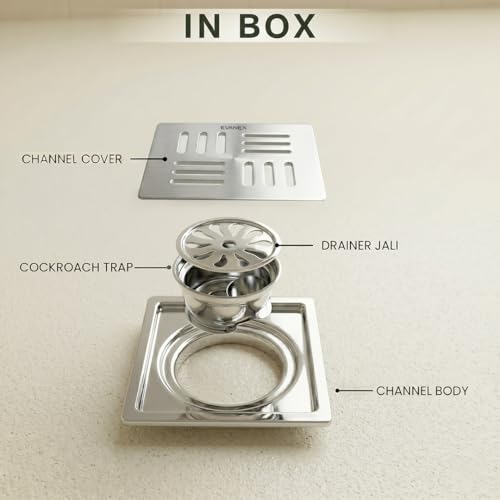 Image of EVANEX Square Shower Drain Channel | 304 Stainless Steel Waste Water Floor Drain with Cockroach Trap| 5x5 Inches Bathroom Drain Channel | Drainer Channel | Bathroom Jali | Bathroom Accessories Set