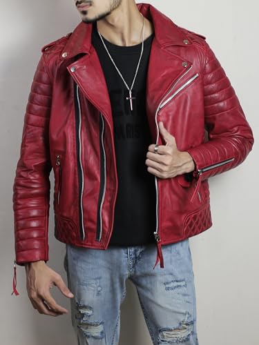 Red Leather Jacket Men | Biker Hooded Bomber Moto Real Lambskin Jackets4