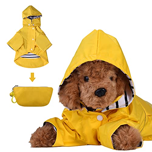 DOZCA Chubasqueros plegables para perros con capucha, poncho impermeable con correa reflectante, ropa ligera impermeable con campanas para mascotas pequeñas y medianas (amarillo, XL) Cover