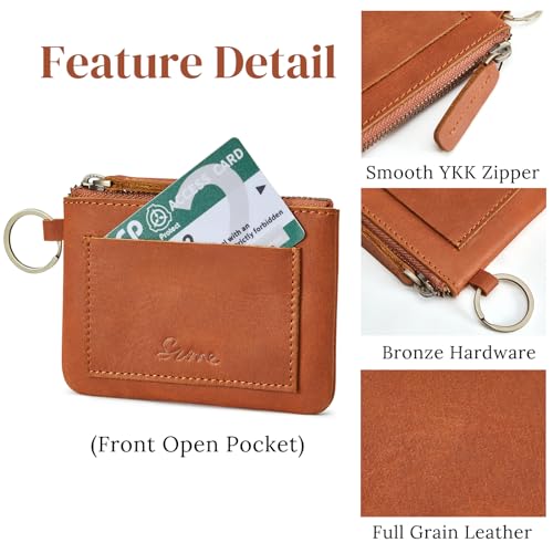 Image of S-ZONE Genuine Leather Coin Purse for Women Men, Zipper Pouch Pocket Wallet for Change, Cards with Keychain