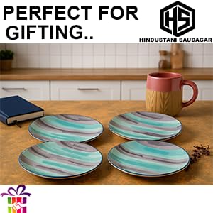 Image of HS HINDUSTANI SAUDAGAR Aqua Mist Quarter Ceramic Serving Plates Sets of 4 dinnerware Sets Plates for Dinner Pasta Lunch thali & Dinner Set Handcrafted Ideal Kitchen Designer for Daily Use and Gifting