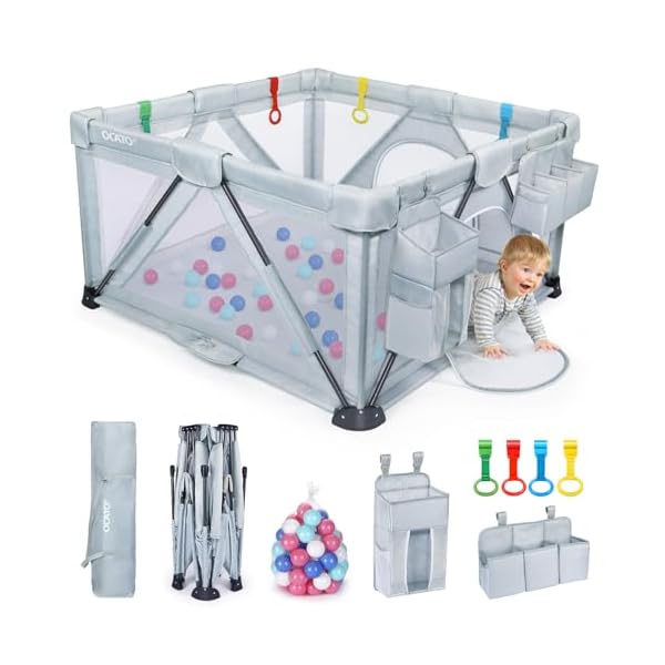 Baby playpen foldable playpen for babies and toddlers large play pen portable playpen fence indoor outdoor kids safety area travel play yard with 2 storage bags 4 handlers 50 balls 5050  urban country home decor