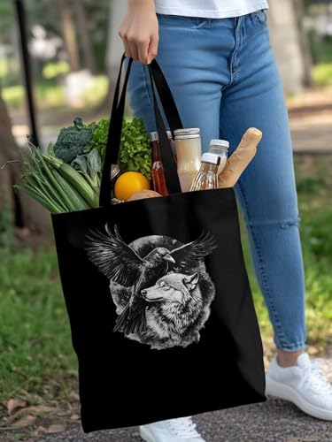 Canvas Tote Bag, Vintage Wolf Crow Print Aesthetic Canvas Tote Handbags for Women Shoulder Bag,4