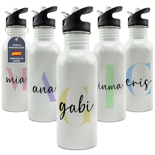 Botella Personalizada Nombre. Botellas de Agua Personalizadas. Botella agua acero inoxidable personalizada Gimnasio. Regalo Personalizado Mujer Hombre. Regalo Dia de la Madre. Straw Stop 600ml