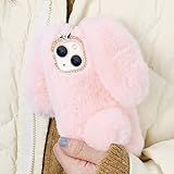 Micoden Bunny Ear Phone Case Compatible with iPhone 13 Case for Women Cute Furry Rabbit Fluffy Cover with Sparkly Diamond Soft TPU Protective Bumper for iPhone 13 Case for Girls,Pink
