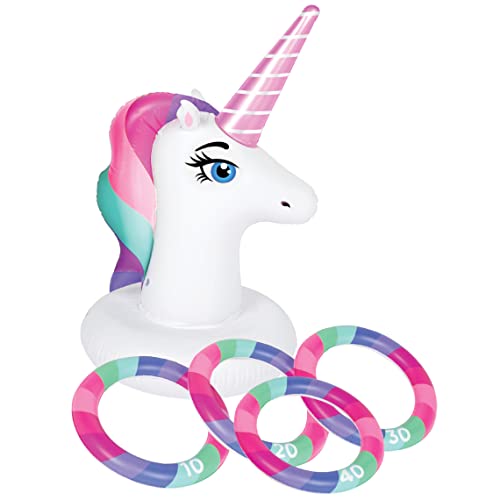 Unicorn Ring Toss Pool Toys - Inflatable Unicorn Party Decorations with Unicorn Base and 4 Toss Rings Summer Pool Float Party Decor - for Kids 3 Years...