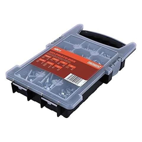HELPMATE Box mit Gewindeschrauben Set - insg. 480 Stück Unterlegscheiben, Muttern Set, Beilagscheiben, Sechskantschrauben, Sechskantmutter, Schlossschrauben, metrische Schrauben mit Flachrundkopf Cover