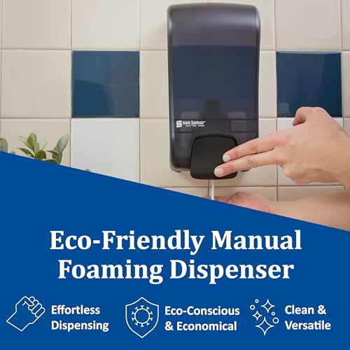 Image of San Jamar Manual Soap Dispenser - 1300 mL Capacity Liquid Dispenser for Bulk Foaming Soaps, Wall Mount, Refillable with Transparent Reservoir Easy Push Bar for Commercial or Office Use, Black Pearl