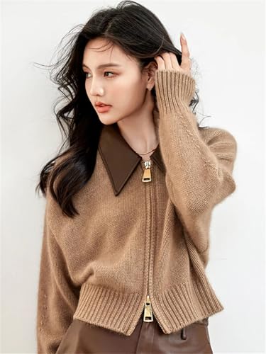 Women's Vintage Double Zipper Short Sweater Coat Loose Casual Knitted Cardigan Outwear Tops4