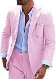 Wehilion Mens Seersucker Suit Slim Fit Casual Beach Wedding Prom Party Suit 2 Pieces Suits for Men Dinner Suit Blazer Jacket Pants Bright Pink XXL