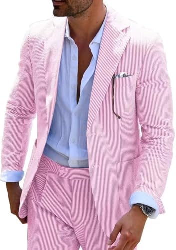 Wehilion Men's Seersucker Suit 2 Piece, Slim Fit Lightweight Tuxedo