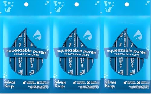 Squeezable Puree Cat Treats – 12 Tubes Total – Salmon – Lickable, High Protein, Grain-Free (12, Salmon)