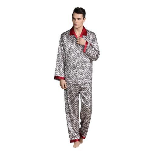 Men's Silk Pajama Set Button Down Long Satin Loungewear 2 Piece Classic Sleepwear Lapel A Pocket on The Chest