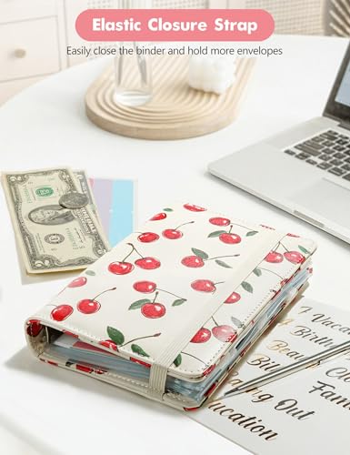 Image of A6 Budget Binder for Money Saving, PU Leather Budget Planner with 8 Cash Envelopes, Budget Sheets & Rose Gold Category Stickers, Money Organizer for Cash (Cherry Cream)