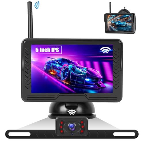 CAMECHO Wireless Reverse Camera Kit - HD 5 IPS Monitor, 6-LED Light, IP69 Waterproof, License Plate Parking Camera for Car, Van, Caravan, RV, SUV, Pickup Truck, Motorhome