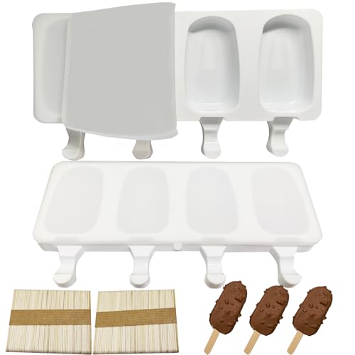 2 Pezzi Stampi per ghiaccioli in silicone 8 Cavità Stampi per Gelato Riutilizzabile Materiale spesso Senza BPA, con 100 bastoncini in legno, Ideale per cioccolato Gelato, gelati in diversi gusti