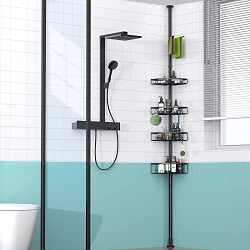 Kadolina Corner Shower Caddy Tension Pole, 4 Tier Shower Basket Shelves, 53-120 Inch Adjustable Height Shower Storage Rack, Bathroom Bathtub Shampoo Holder Organizer Shower Accessories (Black) #TOP3
