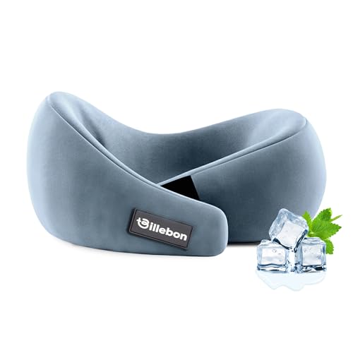 Image of Billebon Gel Infused Memory Foam Neck Pillow, Travel Pillow with Adjustable Velcro Straps, Neck Pillow for Travelling & Flight Travel, Ergonomic Support for Comfort & Pain Relief (Grey)