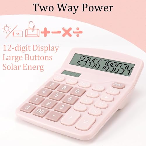 Image of 12-Digit Dual Power Desktop Calculator with Large LCD Display, Big Easy Press Buttons, Solar & Battery Operated, Portable Office & School Basic Calculator for Kids and Parents (Pink)