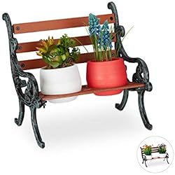 Macetas Hierro Fundido Relaxdays Soporte Macetas Banco Jardín, Hierro fundido-Madera, Marrón-Gris-Verde, 2 Macetas, Ø 7,5 cm
