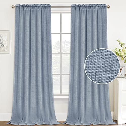 Natural Linen Curtains 108 Inches Extra Long Rod Pocket Semi Sheer Curtain Drapes Elegant Casual Linen Textured Window Draperies, Light Filtering Privacy Added Home Fashion 2 Panels, Stone Blue