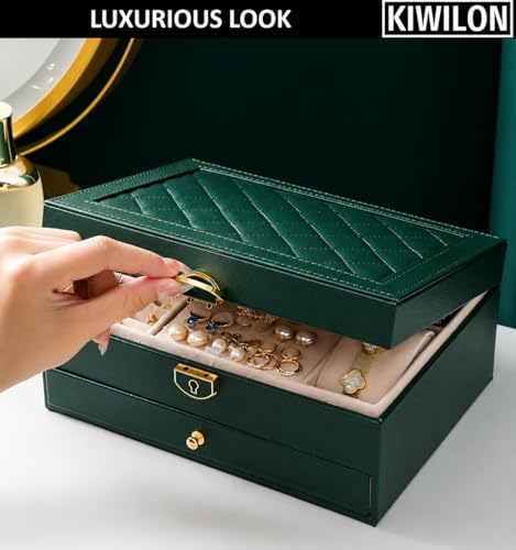 Image of PU Leather Jewelry Box Organizer for Women with Lock & Key, 2 Layer Jewellery Storage Case with Drawer, Ring Slots, Necklace Hooks & Earring Holder (Green)