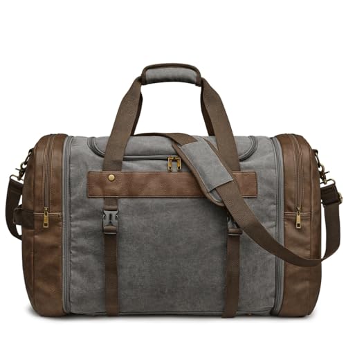 65L Canvas Duffle Bag Travel Overnight Carry on Duffel with Shoes Compartment for Men Women,Gray-As shown