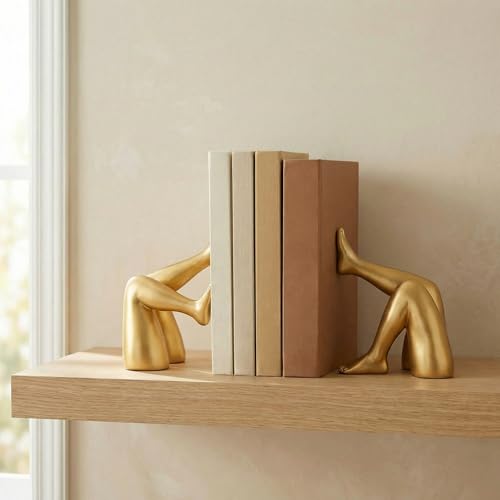 GLIMSDEER Minimalist Leg Sculpture Bookends for Shelves, Decorative Gold Book Ends, Modern Aesthetic Bookshelf Decor, Resin Book Stoppers for Home Office/Library Decoration
